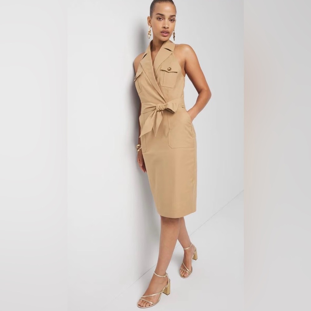 White House Black Market trench wrap Tie-Front Sheath Dress in Tan size 2P